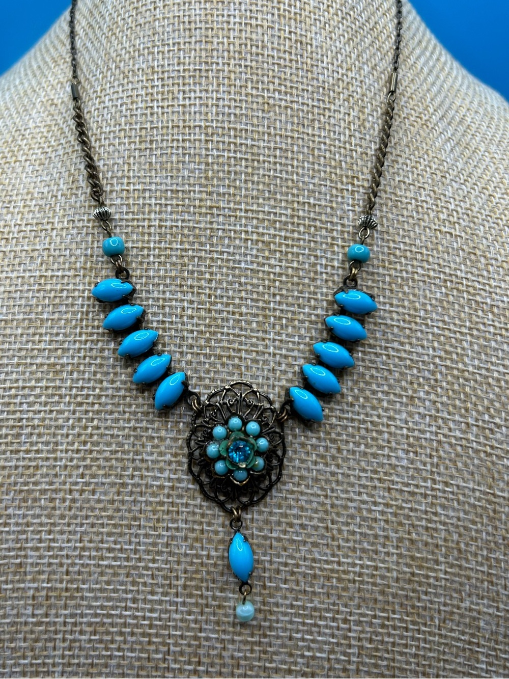 Faux Turquoise Blue Floral Filigree Pendant Necklace - with earrings